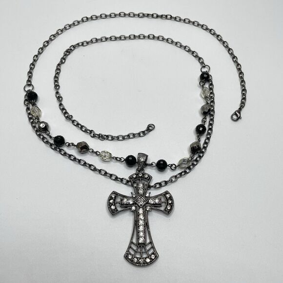 Gunmetal Black Layered Chain Large Rhinestone Cross Pendant Necklace Gothic - Picture 1 of 6